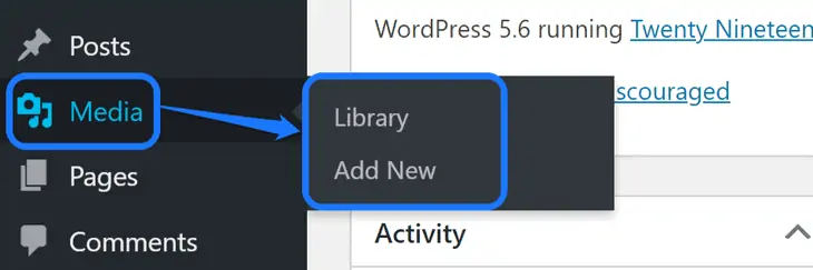 WordPressのサイドバーにあるメディアのドロップダウンメニュー内のボタンを強調表示する