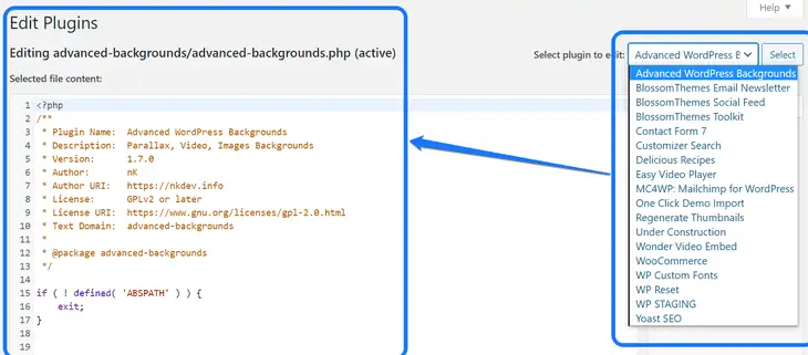 WordPressのプラグインの編集ページでプラグインとPHPコードのリストを強調表示する