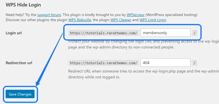 ログインURLを編集し、WordPressの[一般設定]ページの[変更を保存]ボタンをクリックします