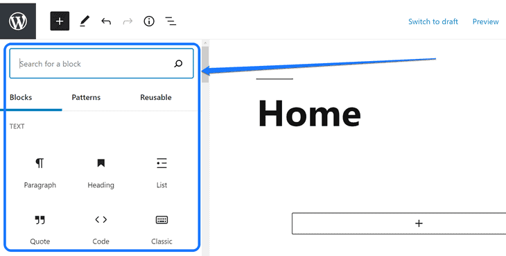 WordPressのプラス（+）アイコンの下にあるドロップダウン内のさまざまなブロックを強調表示する