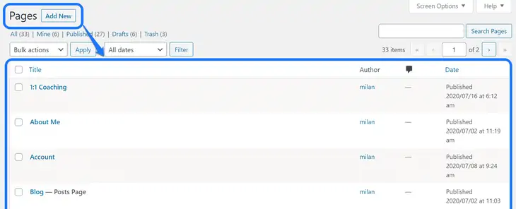 WordPressダッシュボードに保存および公開されたすべてのページを表示する