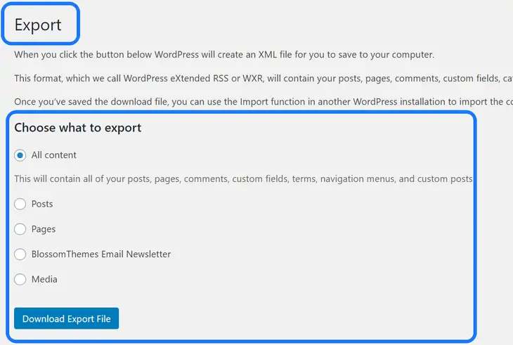 WordPressのエクスポートページからダウンロードするコンテンツのリストを表示する