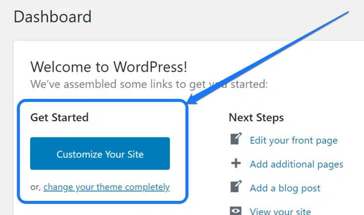 WordPressダッシュボードの作業領域で[はじめに]セクションを強調表示する