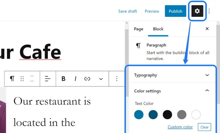 Displaying the typography and color settings inside Block section in WordPress’s Page editor’s right sidebar