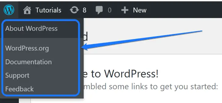 ツールバーのWordPressアイコンの下にあるドロップダウンメニューをポイントします