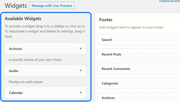 WordPressのウィジェットページで利用可能なウィジェットセクションを強調表示する
