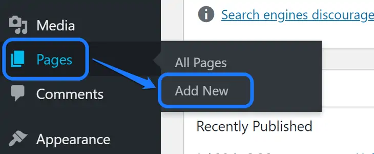 WordPressサイドバーの[ページ]オプション内に[新規追加]ボタンをポイントする