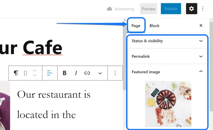 Pointing at the Page option in WordPress’s Page editor’s right sidebar