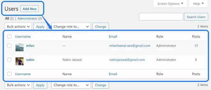 WordPressの[すべてのユーザー]ページにすべてのユーザーのリストを表示する