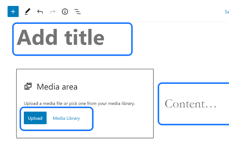 WordPressのページ編集インターフェース内の重要な編集領域を指す