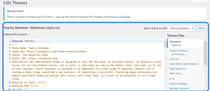 WordPressのテーマエディタページでCSS、PHP、およびJSコードを強調表示する