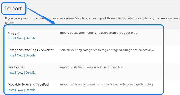 WordPressがファイルのインポートをサポートしているシステムのリストを強調表示