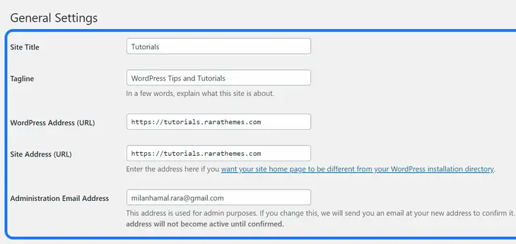 WordPressの一般設定ページに重要なウェブサイトの詳細を挿入する