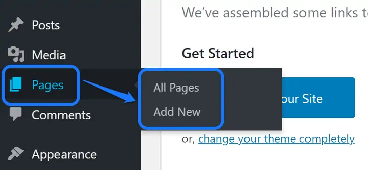 WordPressサイドバーのPagesオプション内のボタンをポイントする