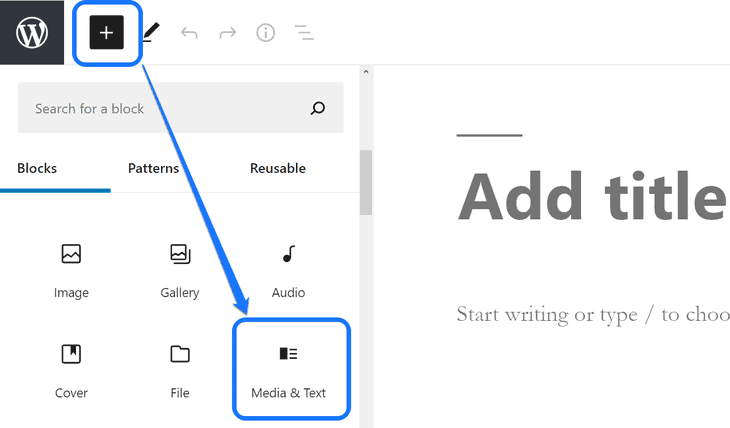 WordPressのページエディタのドロップダウンメニュー内のメディアとテキストブロックをポイントする
