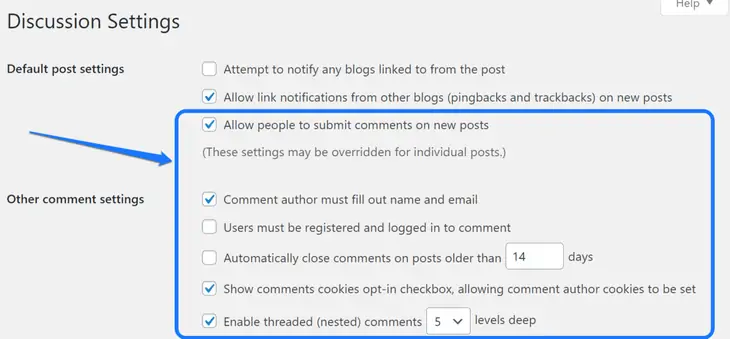 WordPressのディスカッションページ内のコメント設定をポイントする
