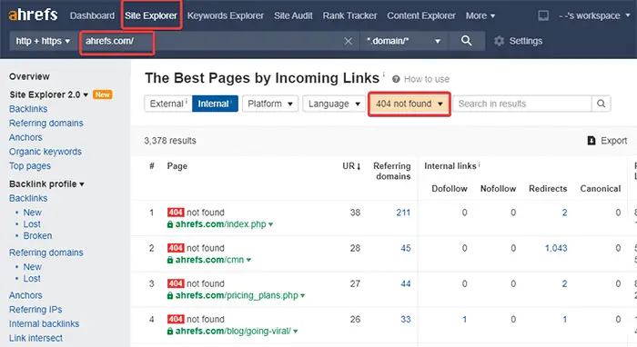 Explorador de sites da Ahrefs