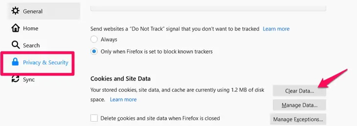 Opzione cookie e dati del sito su Firefox
