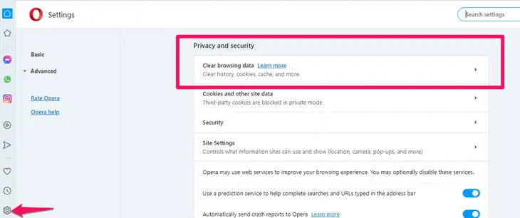 Vai all'opzione privacy e sicurezza su Opera