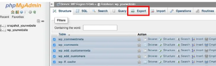 phpmyadminデータベースをエクスポートする