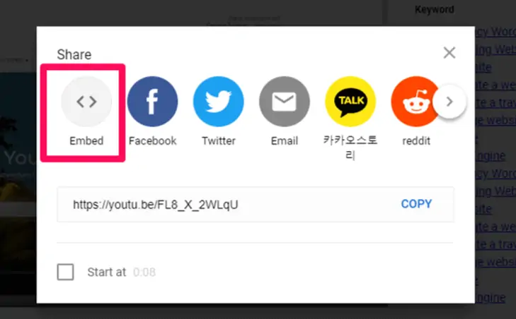 Option zum Einbetten des Videos von YouTube