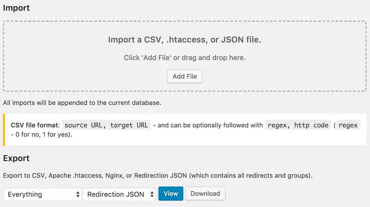 Configuração do plug-in de redirecionamento Import_Export