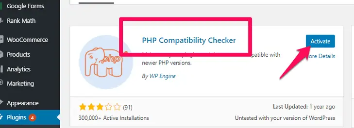 instal dan aktifkan plugin pemeriksa kompatibilitas PHP
