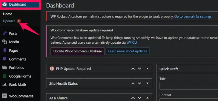 memperbarui tema dan plugin di dasbor WP