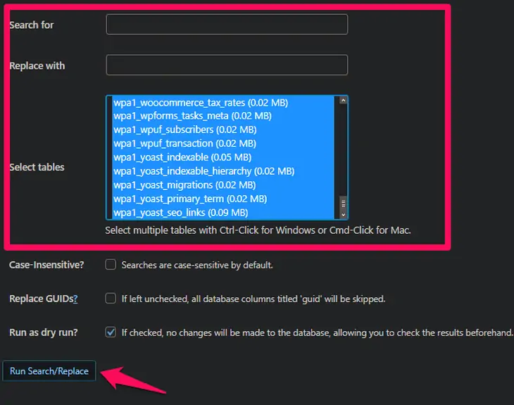 pesquise e substitua o URL do site