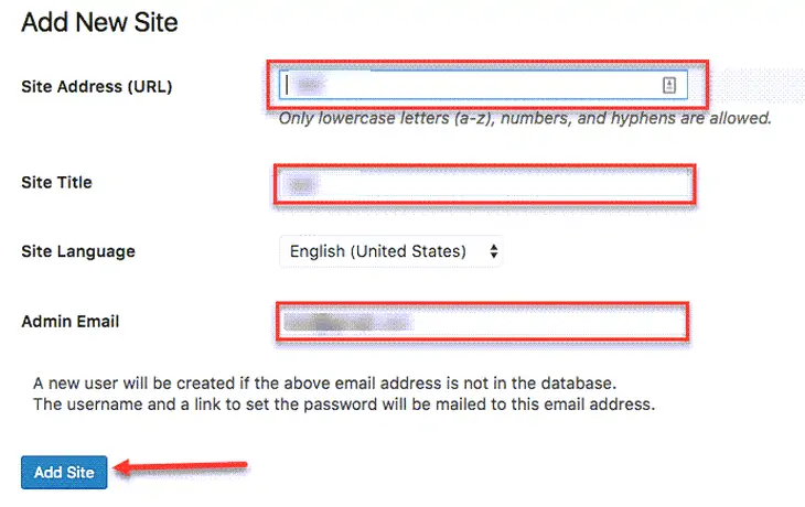 memasukkan judul dan email untuk situs baru di jaringan multisite