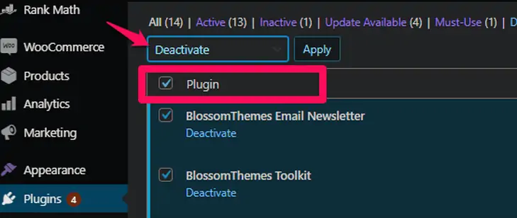 Pilih semua plugin dan nonaktifkan
