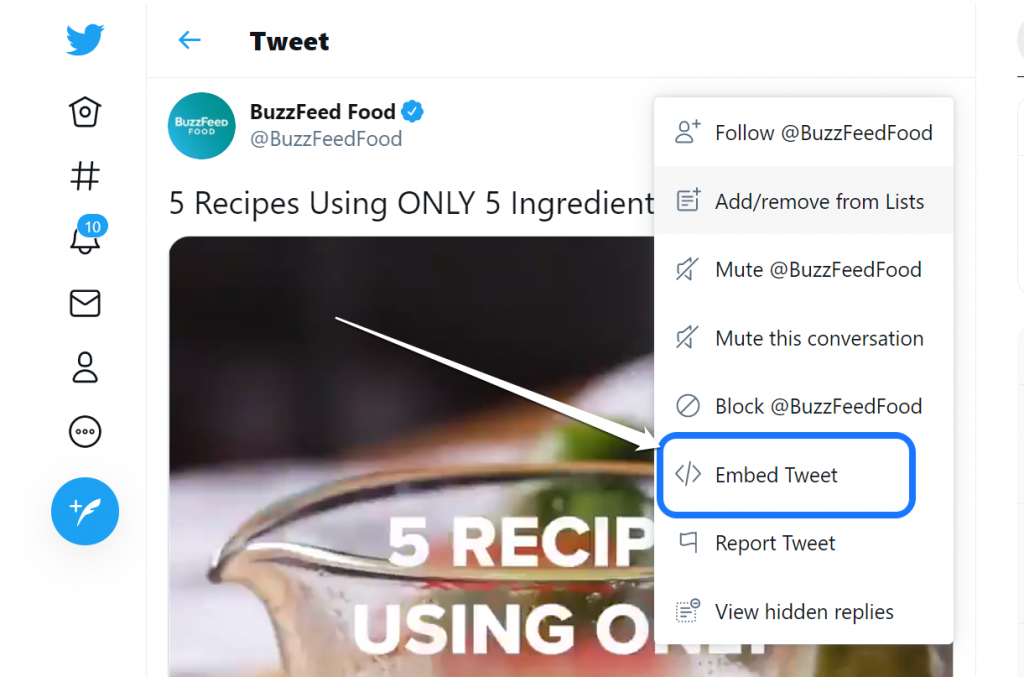 Apontando para o botão Incorporar Tweet dentro do menu suspenso do Twitter
