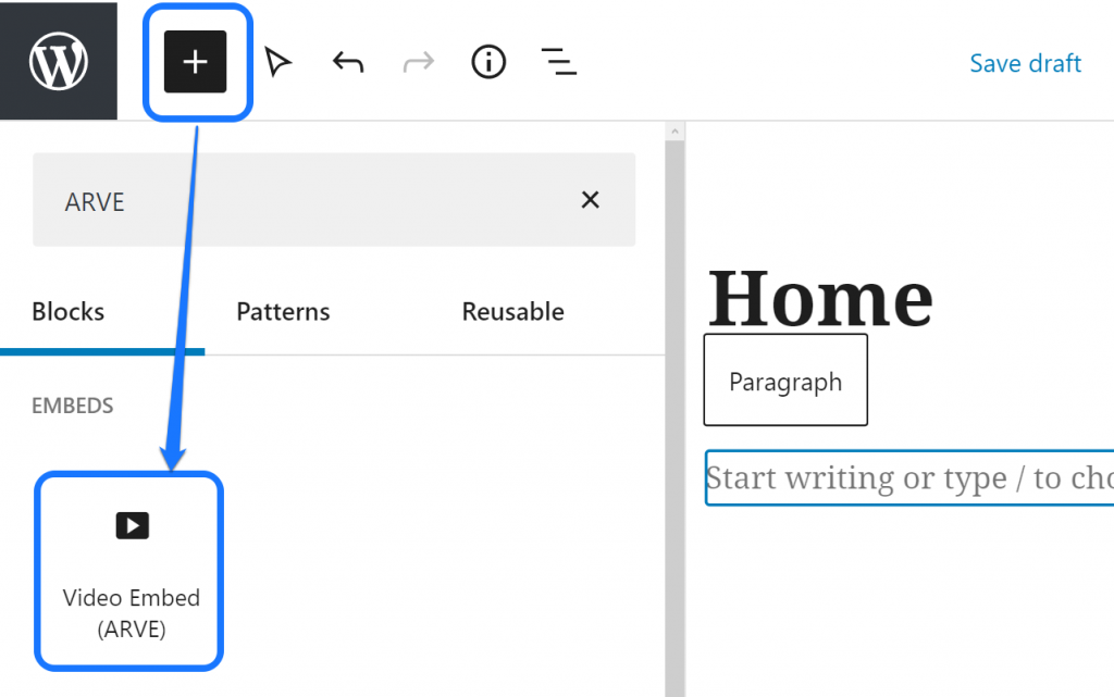 Apontando para o bloco Video Embed (ARVE) dentro do menu suspenso no editor de páginas do WordPress