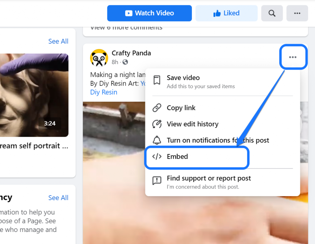 Apontando para o botão Incorporar dentro do menu suspenso do vídeo do Facebook