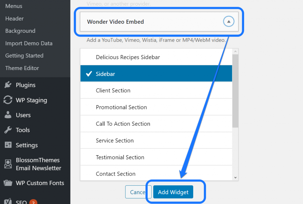 Apontando para o botão Add Widget dentro do menu do widget Wonder Video Embed