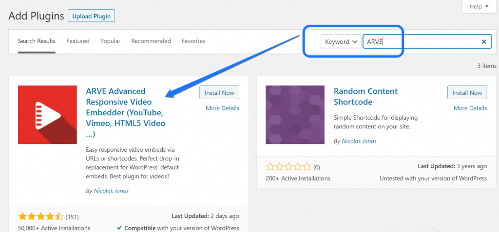 Instalando e ativando o plugin WordPress Advanced Responsive Video Embedder (ARVE)