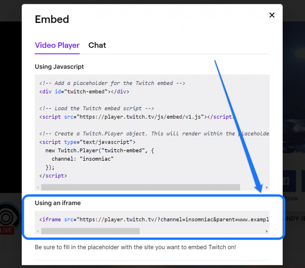 Apontando para o shortcode iframe de um videoclipe ao vivo no Twitch.tv