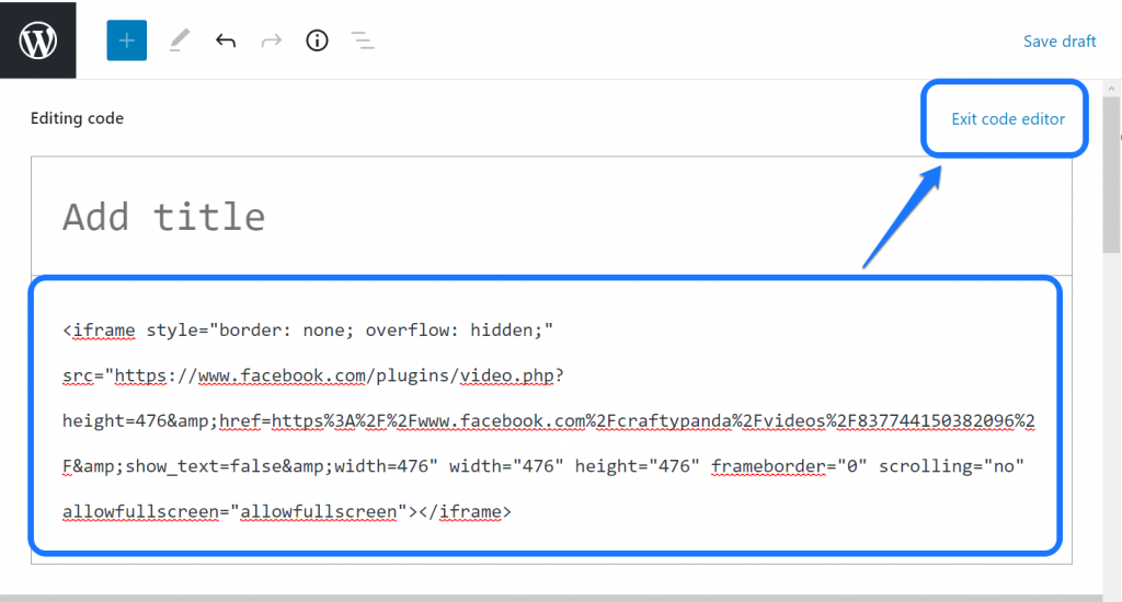 Destacando o shortcode iframe do Facebook no editor de páginas do WordPress