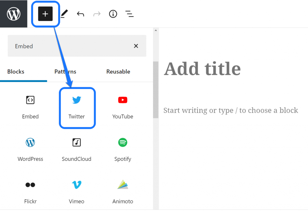 Apontando para o ícone do Twitter dentro do menu suspenso na interface da página do WordPress