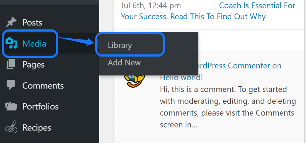 Apontando para o botão Biblioteca dentro do menu suspenso de Mídia da barra lateral do WordPress