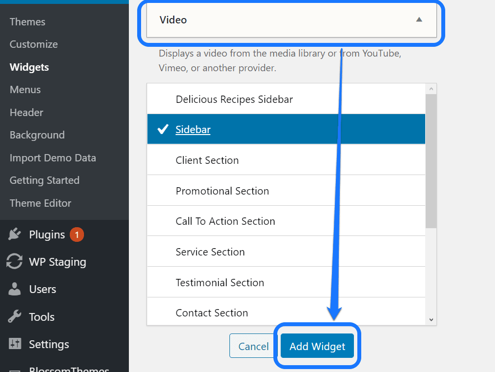 Apontando para o botão Adicionar Widget dentro do menu Vídeo na página Widgets do WordPress