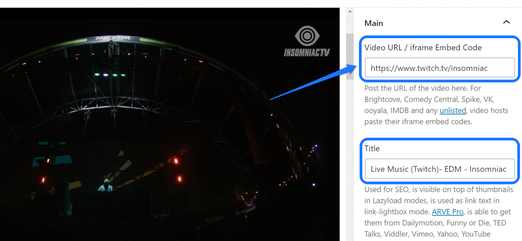 Inserindo o URL e o título do vídeo na interface de edição do editor de páginas do WordPress