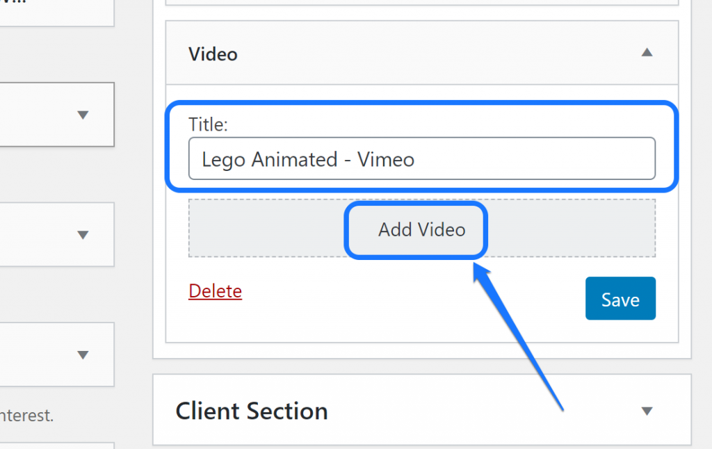 Inserir o título do vídeo e clicar no botão Adicionar vídeo de um widget da barra lateral no WordPress