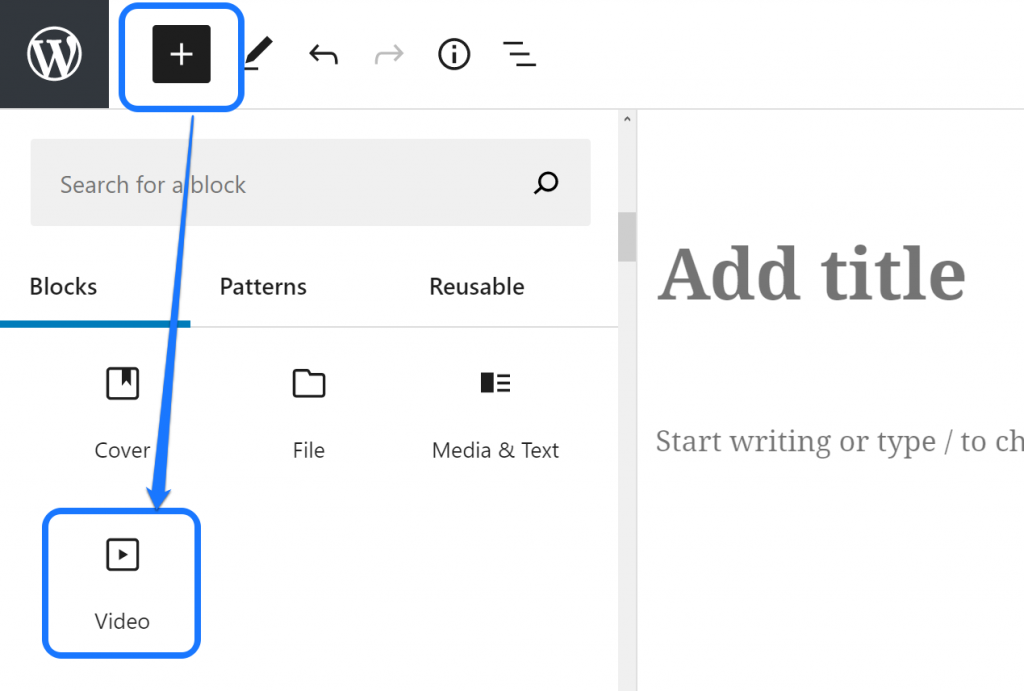 Apontando para o botão Vídeo dentro do menu suspenso do editor de páginas do WordPress