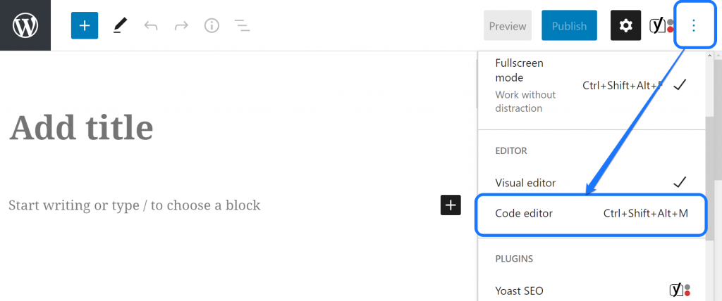 Apontando para o botão Code Editor dentro do menu da barra lateral direita da interface da página do WordPress