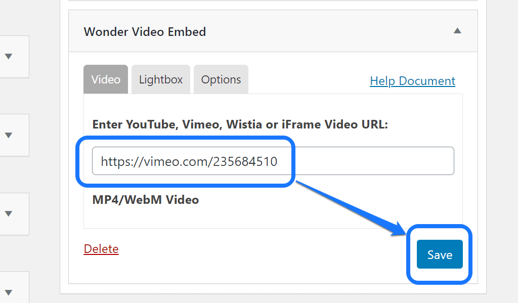 Inserindo o URL de um vídeo de vídeo e apontando para o botão Salvar no WordPress