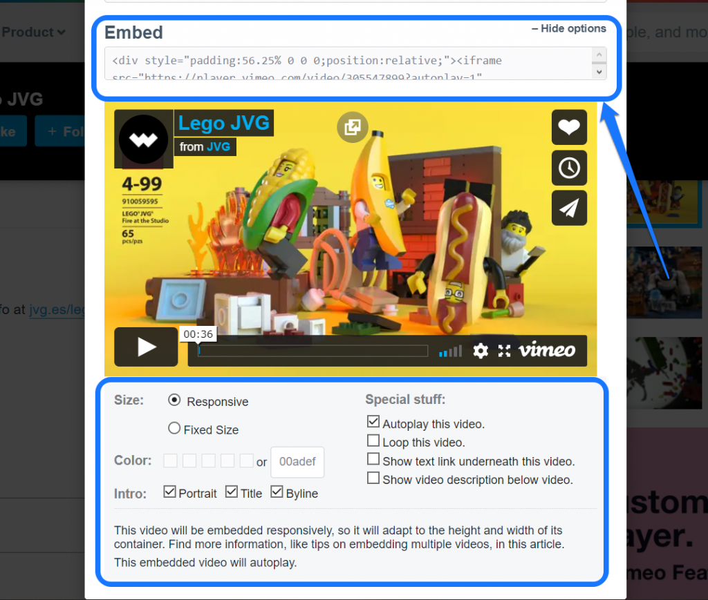 Destacando o shortcode de incorporação e as configurações de ajuste de um vídeo do Vimeo