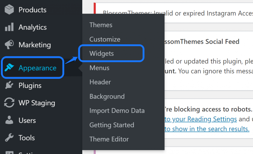 Apontando para o botão Widgets dentro do menu suspenso da opção Aparência na barra lateral do WordPress