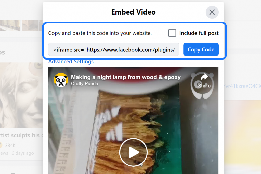 Destacando o shortcode de incorporação de um vídeo do Facebook