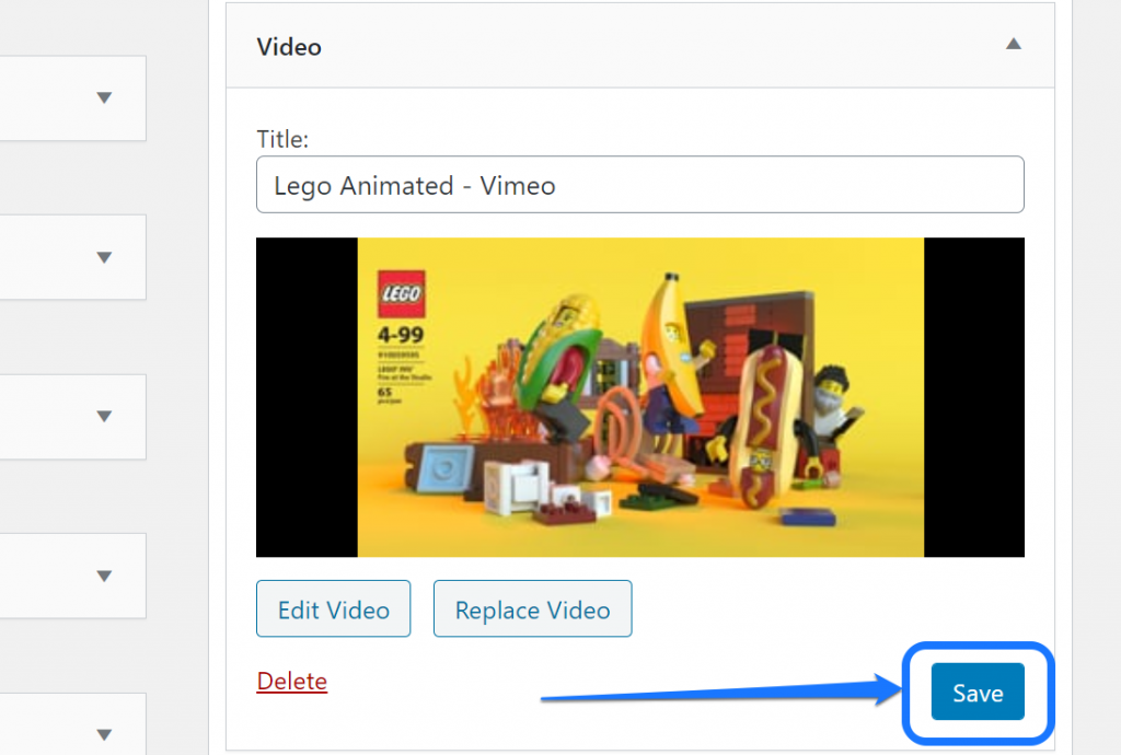 Apontando para o botão Salvar abaixo da miniatura de vídeo de um widget da barra lateral no WordPress
